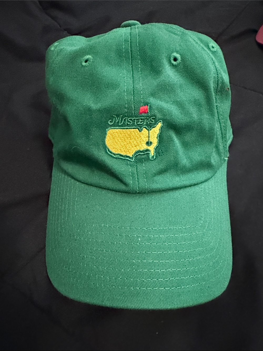 Masters Green Baseball Cap with Yellow Logo and Red Flag